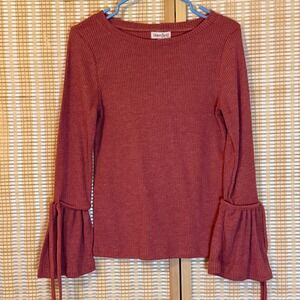 Bloomfield Womens Ribbed Knit Bell Sleeve Tie Top Terracotta Rose Pink Large